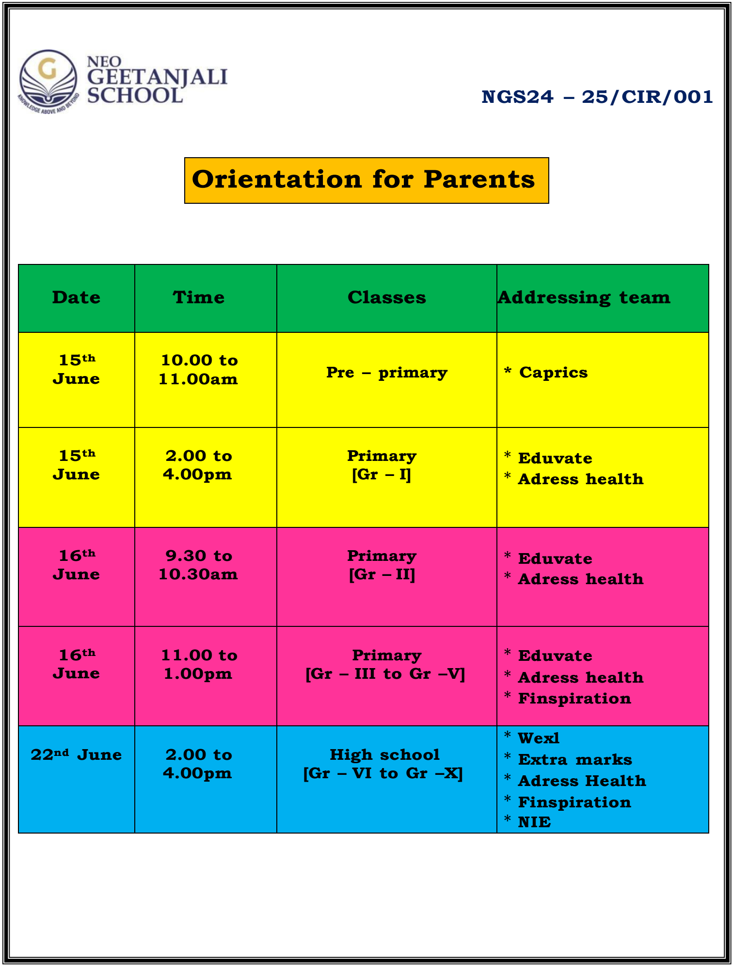 Orientation for Parents